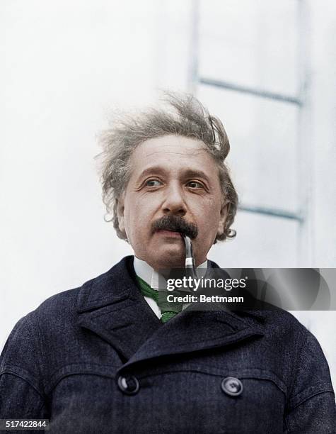 Colourized portrait of German-born American physicist Albert Einstein on his arrival in New York from Europe on the SS Rotterdam, 2nd April 1921.