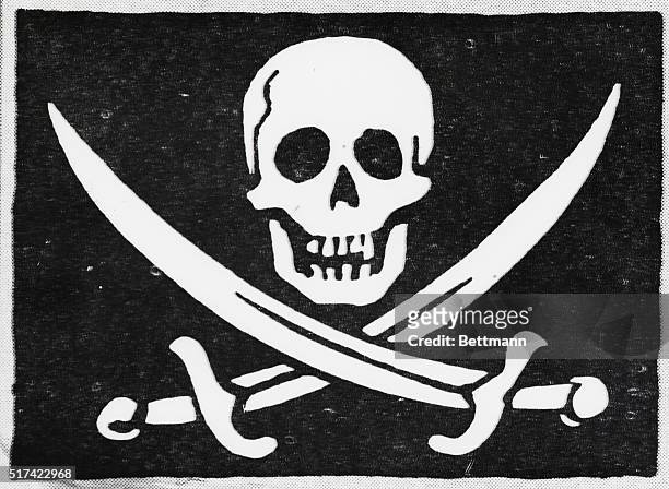 Names of various owners identify the Jolly Rogers shown. The pirate's usual black flag and death's head was called a Roger. Undated Photo.