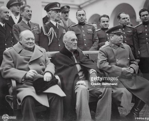 This is the historic meeting of Roosevelt, Churchill, and Stalin at Yalta in the Crimea, February 1945.