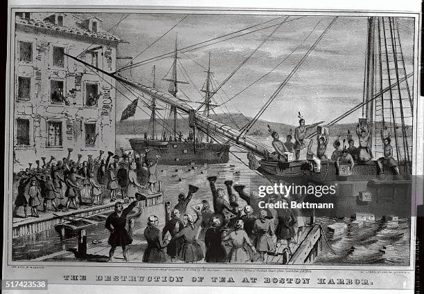 This is a reproduction of a Currier and Ives lithograph dramatizing the Boston Tea Party.