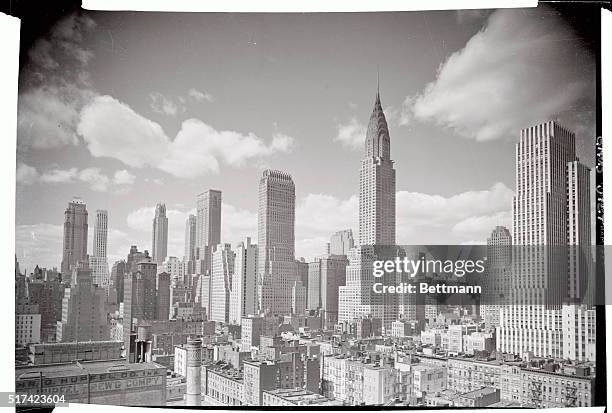 This is a photo of New York's Midtown buildings. From right to left, they are: News Building; Commerce building, ; Chrysler Building; Chanin...