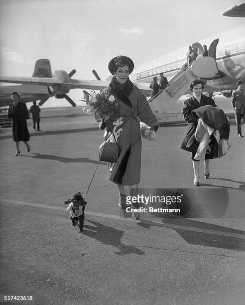 Controversial opera star Maria Callas, with pet pooch in tow, leaves Idlewild after arrival here from Milan for a Carnegie Hall date plus several...