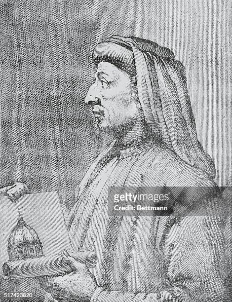 Engraved portrait of Fillippo Brunelleschi, , Florentine architect, holding drawing of IL Dumo.