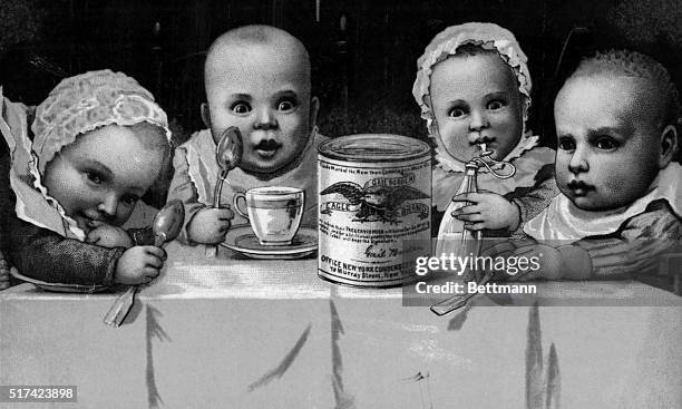 An early Borden advertisement with four babies seated around a table with a can of condensed milk, showing the benefit of the product to infant...