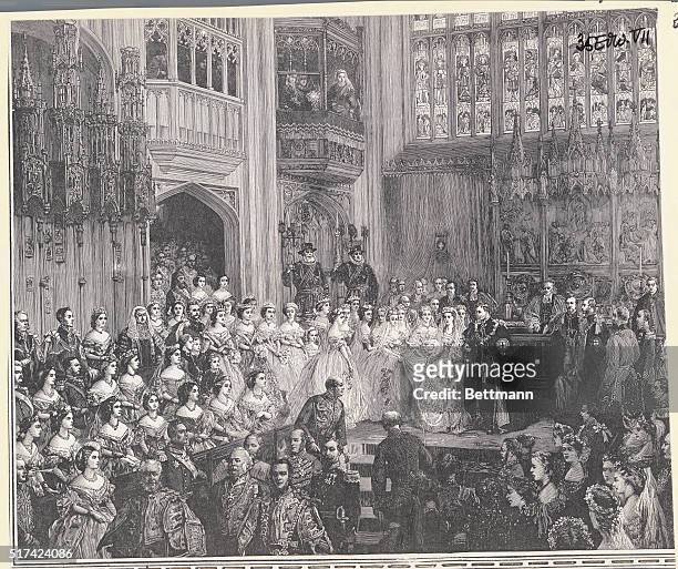 An engraving depicting the marriage of the Prince of Wales, Edward VII , eldest son of Queen Victoria, to Princess Alexandra of Denmark, at St....