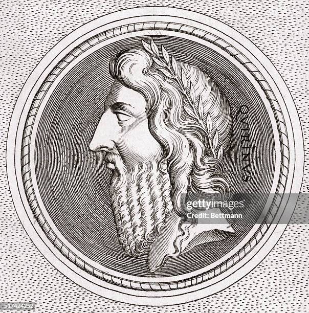 Romulus, First King of early Rome, . Undated engraved illustration of an ancient coin.