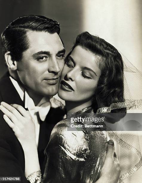 Cary Grant as David Huxley and Katharine Hepburn as Susan Vance in the 1938 film Bringing Up Baby.