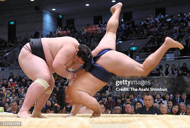 Mongolian ozeki Terunofuji throws Mongolian yokozuna Kakuryu to win during day twelve of the Grand Sumo Spring Tournament at the Edion Arena Osaka on...