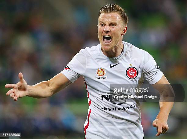Scott Jamieson of the Wanderers reacts after missing a shot on goal during the round 25 A-League match between the Melbourne Victory and the Western...