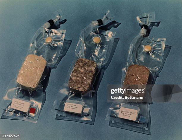 Close-up view of some of the space food which is scheduled to be carried on the Apollo 11 Lunar Landing mission. Included here are chicken and...