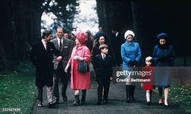 Feature of royal weekends off-duty is the family trip to church. Walking to church at Sandringham are Prince Charles, Prince Philip, Queen Mother...