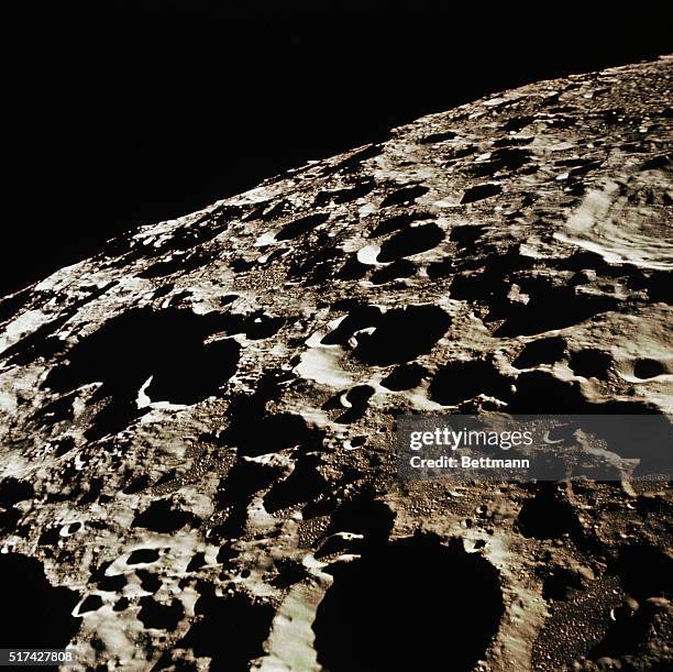 Tranquility Base, The Moon: An Apollo 11 south-westerly view of the lunar farside. International Astronomical Union crater No. 308, about 58 statute...