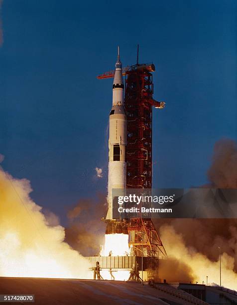 Kennedy Space Center, Fla.: Three views of the 363 foot high Apollo 13 Saturn V space vehicle carrying astronauts James A. Lovell, Jr., John L....