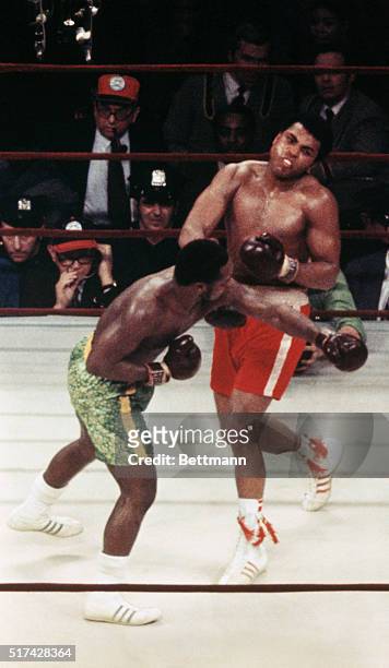 Heavyweight champion Joe Frazier lands a left to the jaw of Muhammad Ali in the opening seconds of the 15th round of their title bout at Madison...