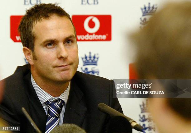 England cricket captain Michael Vaughan takes questions at a press conference in London 15 November, 2004 ahead of his team's departure for a one day...