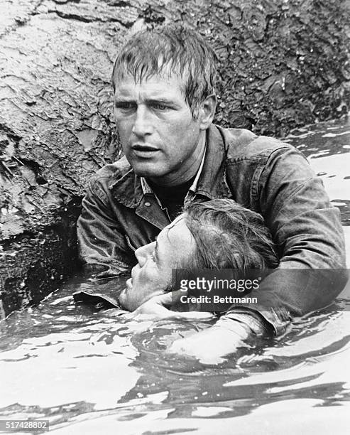 Richard Jaeckel and Paul Newman in the drowning scene from the movie Sometimes a Great Notion, directed by Paul Newman and released by Universal...