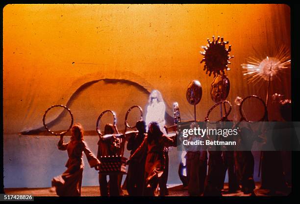 Jesus, played by Jeff Fenholt, is carried aloft upon his entrance into Jerusalem, in scene from "Jesus Christ superstar," showing at the Mark...