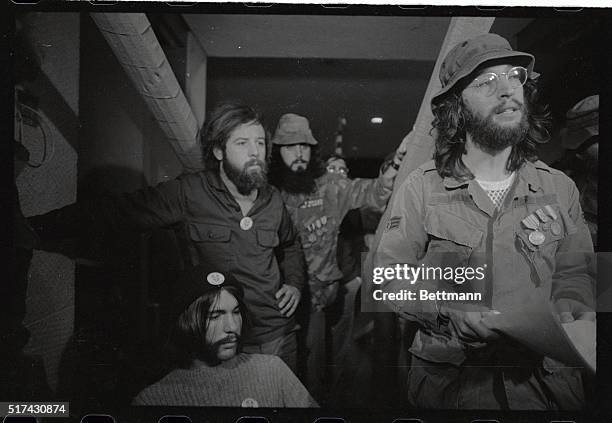 Inside the Statue of Liberty, a spokesman reads the demands of members of Vietnam Veterans Against the war, who barricaded themselves inside the...