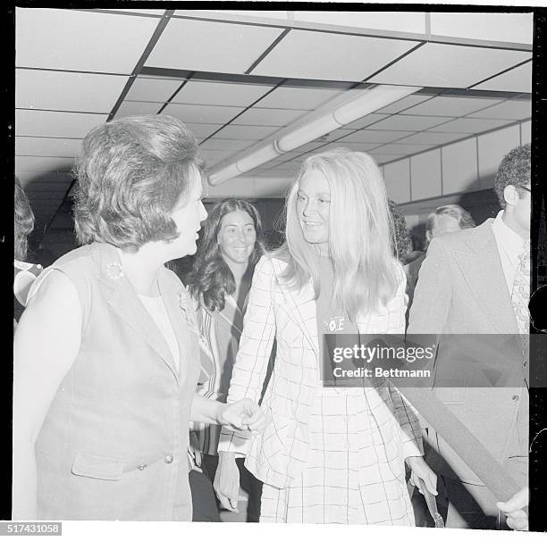 Miami Beach: A smiling Joan Kennedy, one of the co-chairmen of the Democratic Telethon, is greeted at airport by admirers in her arrival here.