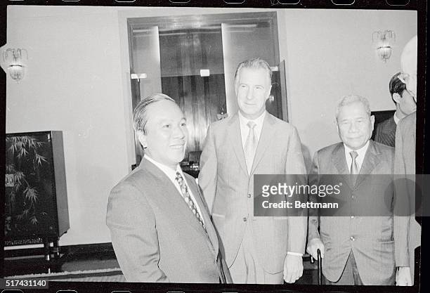 Vice President Spiro T.Agnew talks with Pres.Nguyen Van Thieu in Independence Palace here May 17th following his arrival for a short,...