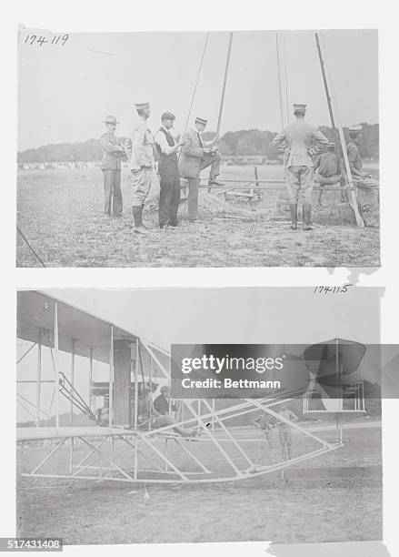 Virginia: Testing Out the New Wright Brothers Biplane, at Fort Myer, 1909. At the base of the starting tower. Wilbur Wright with watch in hand is...