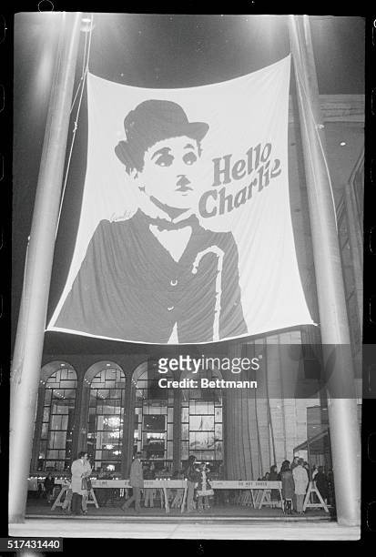 "Hello, Charlie." New York, New York: A giant banner of Charlie Chaplin's "Little Tramp" hangs outside of Philharmonic Hall at Lincoln Center for...