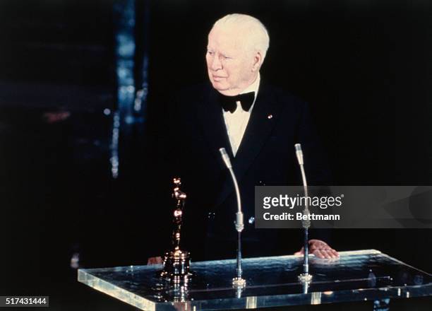 Los Angeles, California: Famed comedian Charlie Chaplin recipient of an honorary Oscar, makes acceptance speech at the 44th annual Academy Awards...