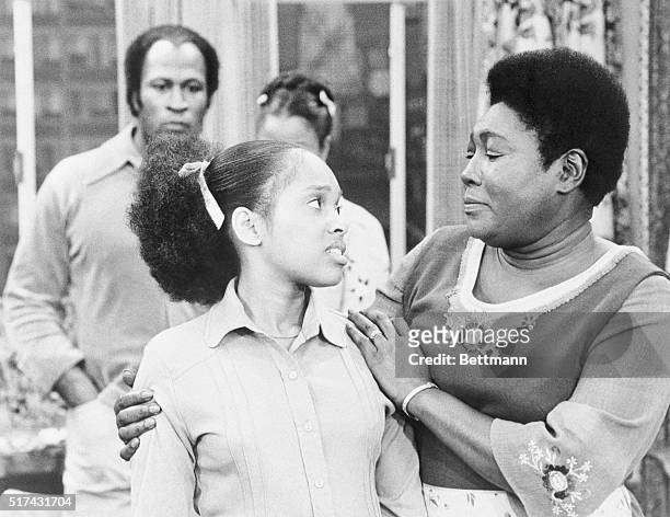 Tina Andrews and Esther Rolle in a scene from an episode of the TV series, Good Times. John Amos stands in the background. Rebroadcast August 12,...
