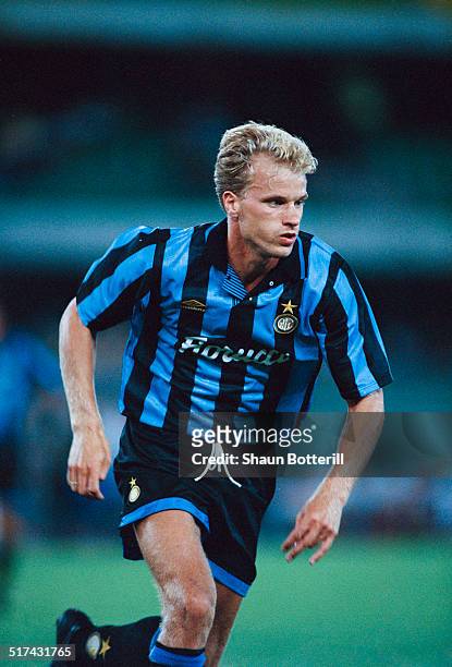 Dutch footballer Dennis Bergkamp in action for Inter Milan, August 1995.