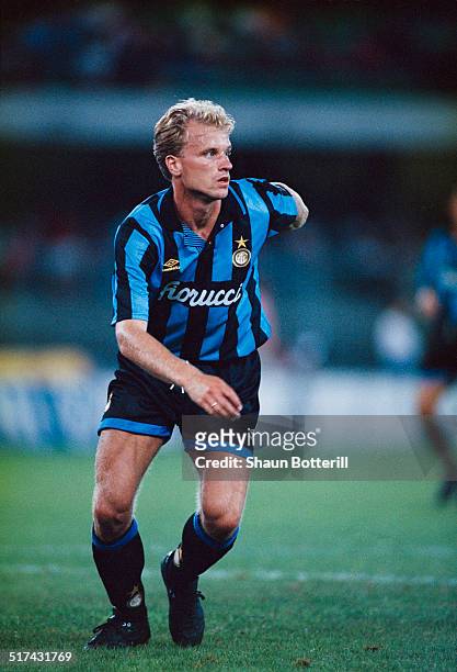 Dutch footballer Dennis Bergkamp in action for Inter Milan, July 1995.