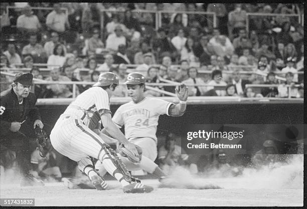 Cincinnati's Tony Perez lands on his back after being tagged out at home on a squeeze bunt in the fifth inning in Philadelphia, August 16.