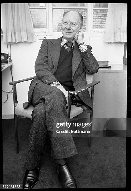 Sir John Gielgud is shown pausing thoughtfully during a break in rehearsals of Harold Pinter's forthcoming play, "No Man's Land," which is scheduled...