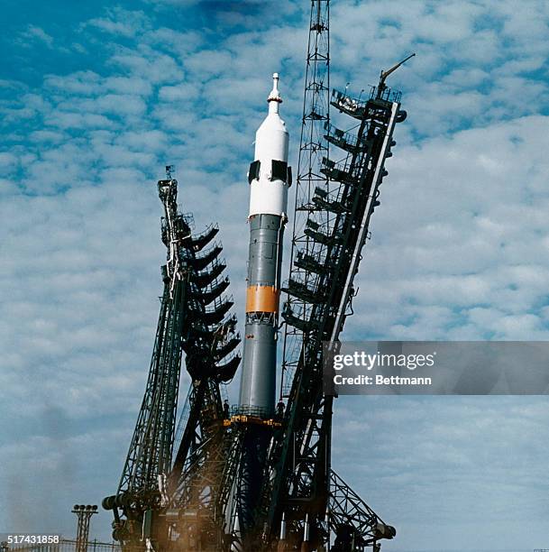 Low-angle view of the launch pad at the Baykonur Cosmodrome in Kazakhstan showing the installation of a Soyuz spacecraft and its launch vehicle. The...