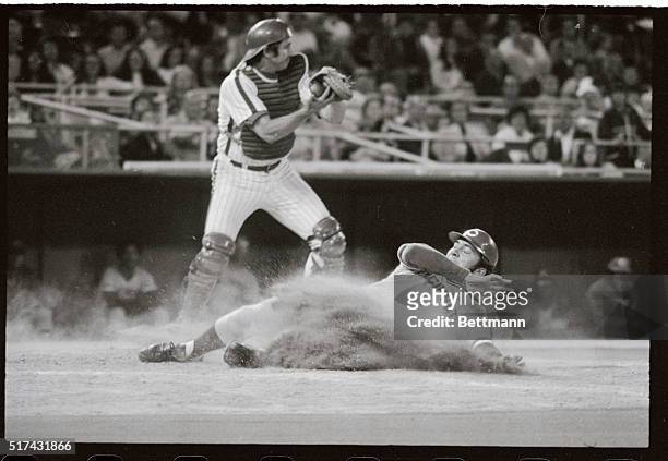 Cincinnatti's Johnny Bench slides in with a run in the fifth inning in Philadelphia, 8/16. Bench scores on a sacrifice fly by teammate Denis Menke to...