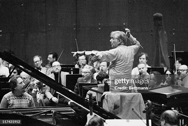 In a rehearsal at Avery Fisher Hall here, Leonard Bernstein conducts the Philharmonic Orchestra for the debut with an American orchestra of the...