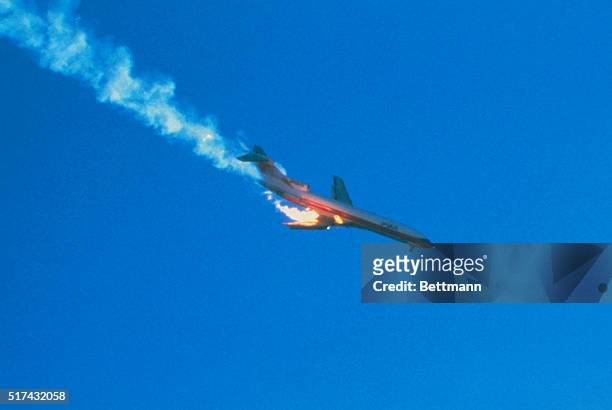 San Diego: A PSA jet with 136 aboard, its right wing afire, plunges toward a San Diego residential neighborhood 9/25/78. All on board the jet were...