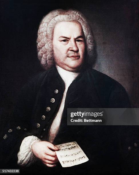 Painting by E. G. Hausmann of German composer Johann Sebastian Bach, . Bach is depicted from the waist up, holding a sheet of music. The painting was...