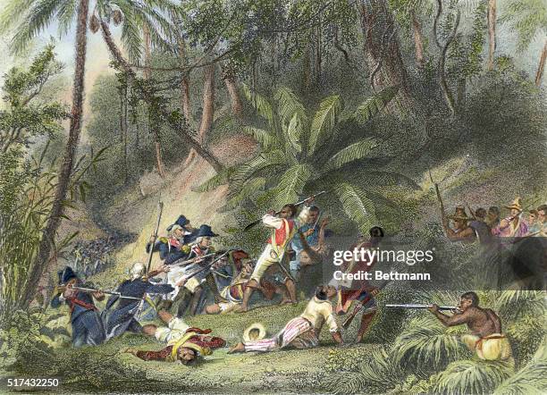 Illustration depicting Francois Dominique Toussaint L'Ouverture participating in the successful revolt against French power in St. Dominique ....