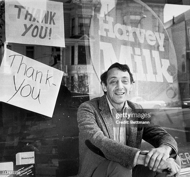 Harvey Milk , an openly gay member of the San Francisco Board of Supervisors, sits outside his camera shop in San Francisco, November 9, 1977. Milk...