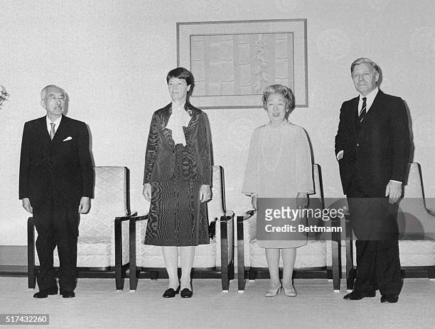 Tokyo: West German chancellor and Mrs. Helmut Schmidt are received in audience by Japanese Emperor Hirohito and Empress Nagako at the Imperial Palace...