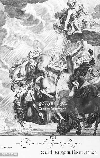 An illustration of Zeus striking Phateon with a thunderbolt. Zeus struck Phaeton, son of Apollo, after Phaeton was unable to control Apollo's chariot.