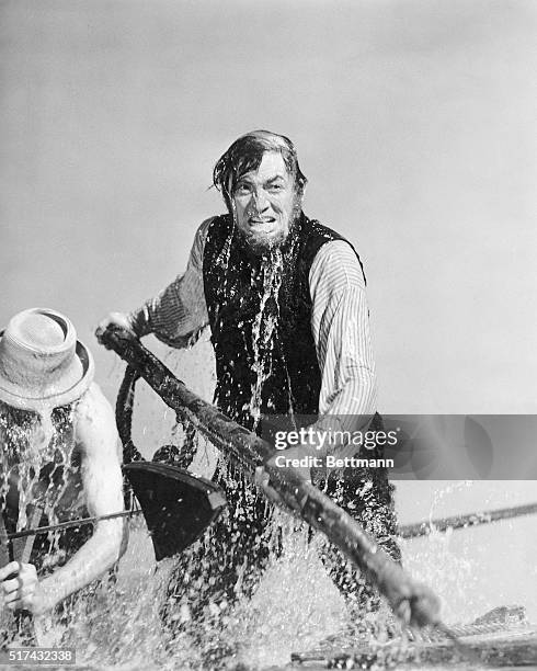 The great moment comes for Gregory Peck , the mad scarred and peg-legged commander of the whaler "Pequod," as his whale-boat comes within striking...
