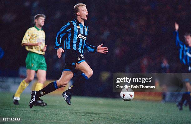 Dutch footballer Dennis Bergkamp playing for Inter Milan in a UEFA Cup Third round First leg match against Norwich City at Carrow Road, Norwich, 24th...