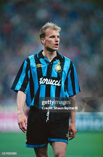 Dutch footballer Dennis Bergkamp, of Inter Milan, during the UEFA Cup Final 2nd Leg against Salzburg at the Stadio Giuseppe Meazza, Milan, 11th May...