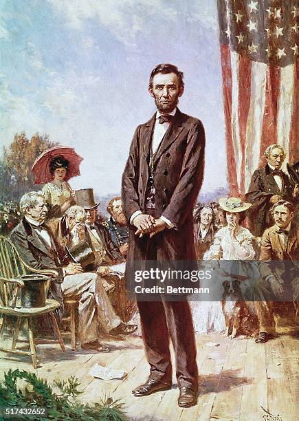 Gettysburg, PA-ORIGINAL CAPTION READS: Abraham LIncoln at the Gettysburg Address. Painting by J.L.G. Ferris.