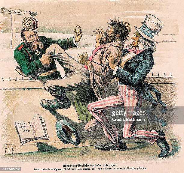 Color lithograph of Uncle Sam carrying a raggedy-looking man, who just dropped the book, "How to Make Bombs," over to a Russian official with a sign...