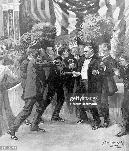 Assassination of President McKinley at the Buffalo Exposition. ORIGINAL CAPTION READS: "THE FOULEST CRIME OF THE NEW CENTURY. An anarchist's attempt,...