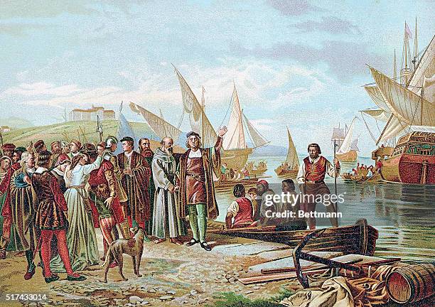 Illustration titled "Embarkation and Departure of Columbus from the Port of Palos", On His First Voyage of Discovery, On The 3rd of August, 1492....