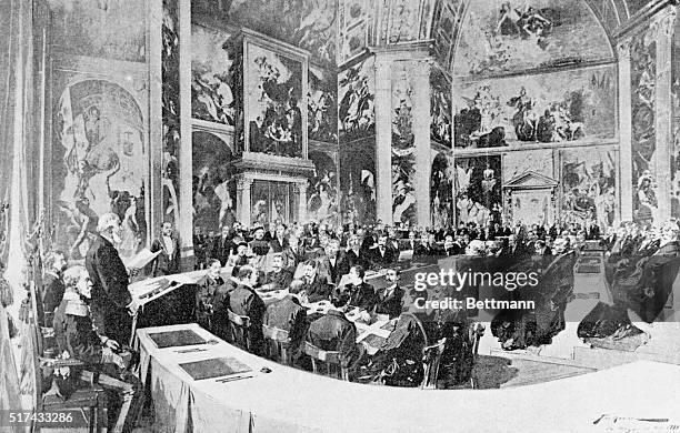 Hague, Holland- Drawing of the opening session of the Peace Conference in the Orange Room at the Palais Du Bois, near the Hague.