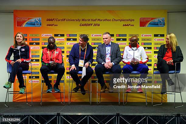 Sara Hall of the USA, Geoffrey Kipsang Kamworor of Kenya, IAAF President Lord Sebastian Coe, CEO Run4Wales Matt Newman, Mo Farah of Great Britain and...
